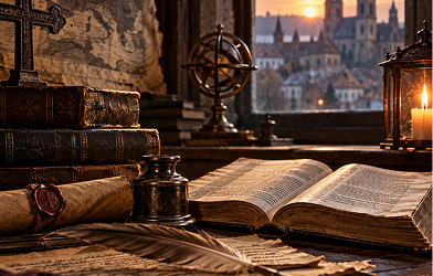 Open books stacked in a library